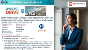 Eisai Pharmaceuticals Walk-in Interview for Production Executive & Operator Jobs in Vizag 2026