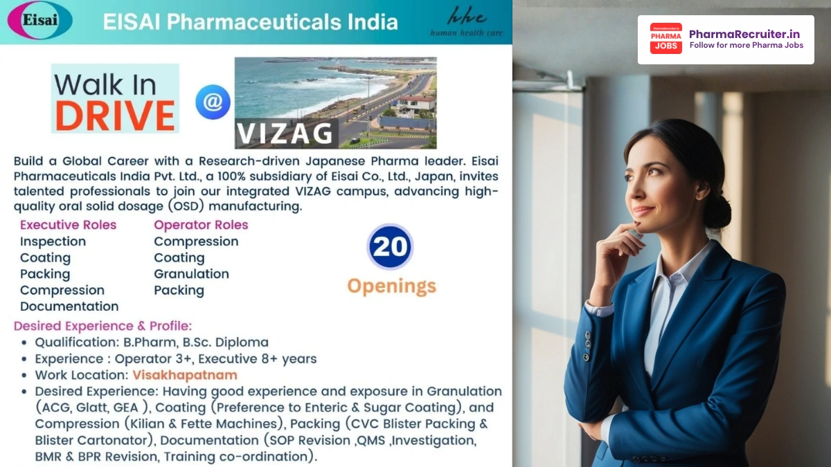 Eisai Pharmaceuticals Walk-in Interview for Production Executive & Operator Jobs in Vizag 2026