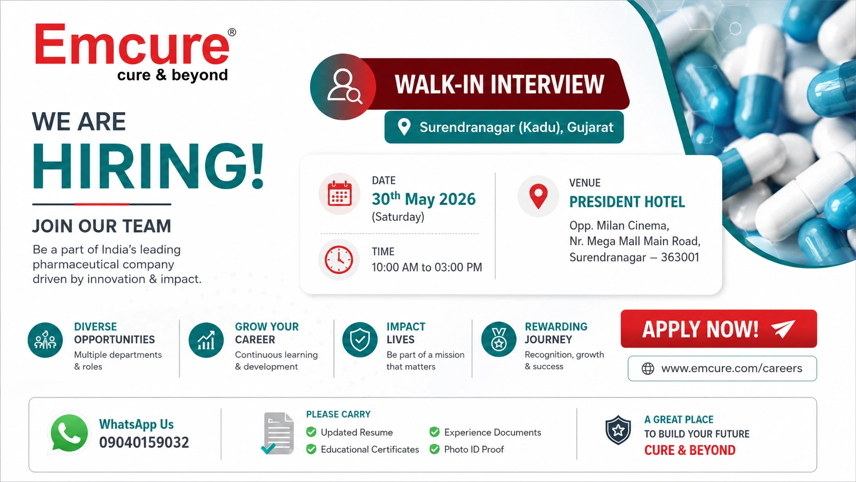 Emcure Pharmaceuticals Walk-In Interview for QA, QC, Production & Engineering Roles in Gujarat on 30 May 2026 (Saturday)