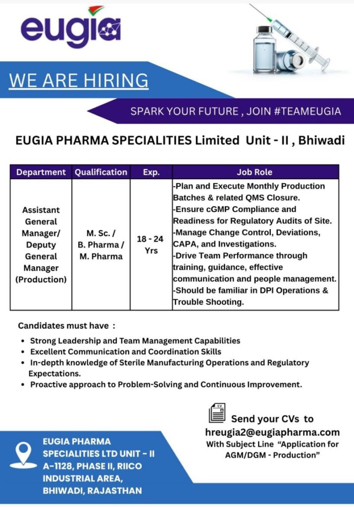 Assistant General Manager / Deputy General Manager Production Jobs at Eugia Pharma Specialities Limited – Apply Now