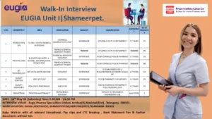 Eugia Pharma Walk-in Interview for Production, Packing, QC, QA & Engineering Jobs at Shameerpet, Hyderabad 2026