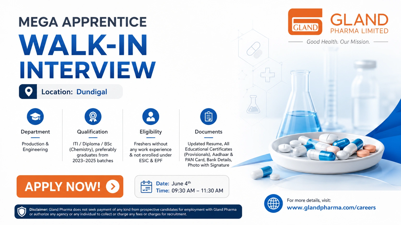 Gland Pharma Mega Apprentice Walk-In Interview | Freshers Hiring for Production & Engineering at Dundigal, Hyderabad on 4 June 2026