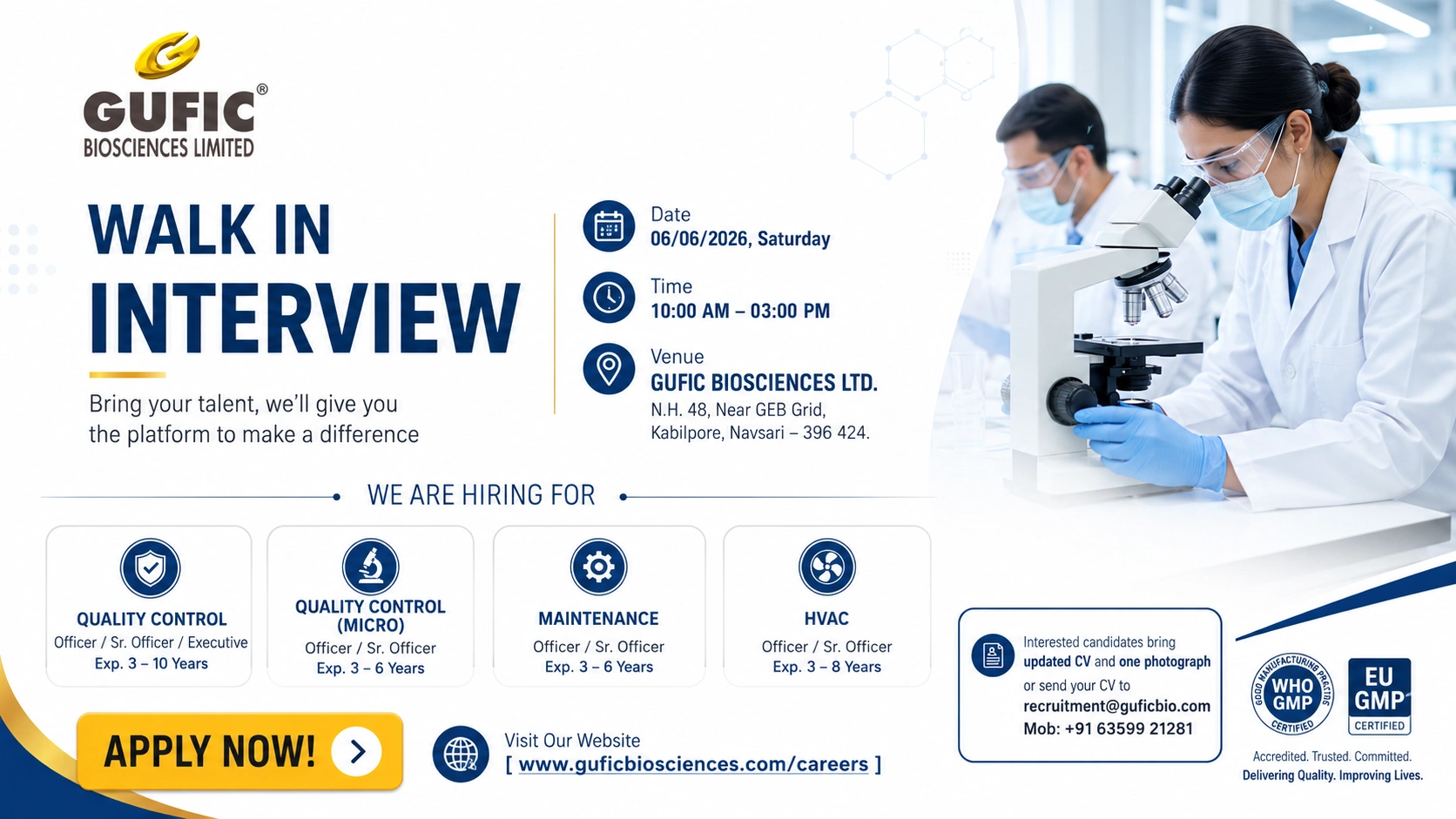 Gufic Biosciences Walk-In Interview for QC, Microbiology, HVAC & Maintenance Roles in Gujarat on 06 June 2026 (Saturday)