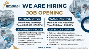 Amneal Pharmaceuticals Hiring | Pharma Jobs, Walk-In Interview, QA & Production Careers in India on 8th May 2026 (Friday) and 10th May 2026 (Sunday)