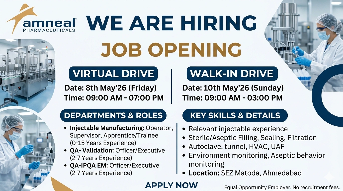 Amneal Pharmaceuticals Hiring | Pharma Jobs, Walk-In Interview, QA & Production Careers in India on 8th May 2026 (Friday) and 10th May 2026 (Sunday)