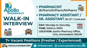 Apollo Pharmacy Walk-in Interview | Pharma Jobs for Pharmacists & Assistants in Ahmedabad on Monday to Saturday