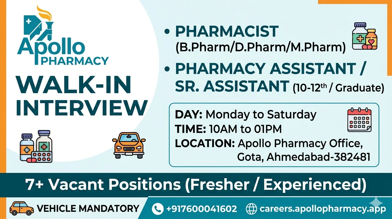 Apollo Pharmacy Walk-in Interview | Pharma Jobs for Pharmacists & Assistants in Ahmedabad on Monday to Saturday
