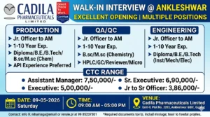 Cadila Pharmaceuticals Walk-in Interview | Pharma Jobs in Ankleshwar on 09 May 2026 (Saturday)