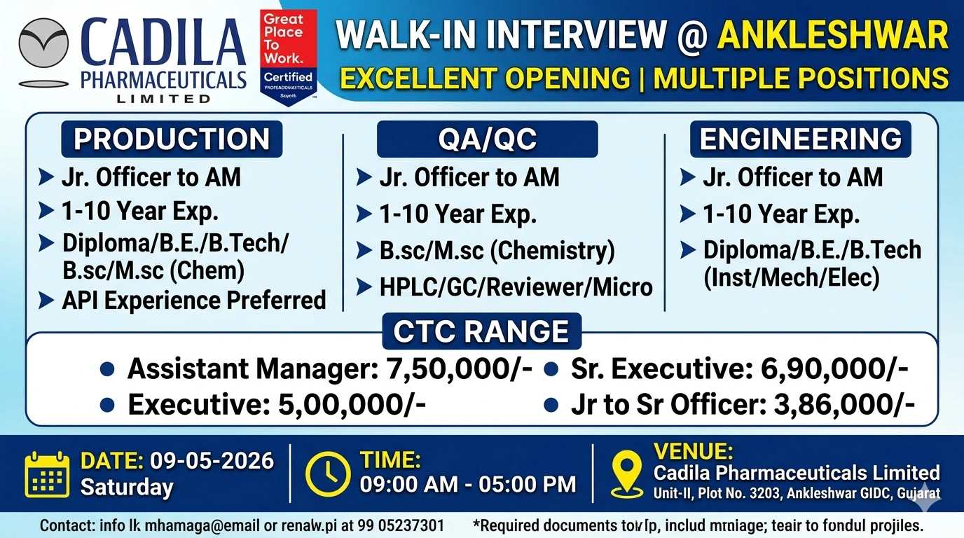 Cadila Pharmaceuticals Walk-in Interview | Pharma Jobs in Ankleshwar on 09 May 2026 (Saturday)