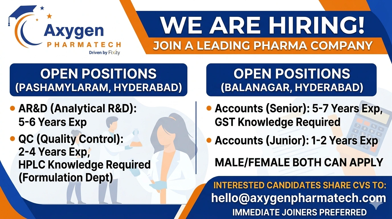 Axygen Pharmatech Hiring: QC, AR&D, Formulation & Accounts Jobs in Hyderabad