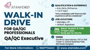 Stanford Laboratories Walk-In Interview for QA/QC Professionals | Pharma Jobs in India on 7th May 2026