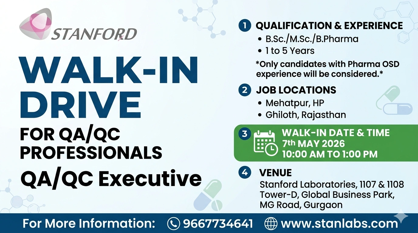 Stanford Laboratories Walk-In Interview for QA/QC Professionals | Pharma Jobs in India on 7th May 2026