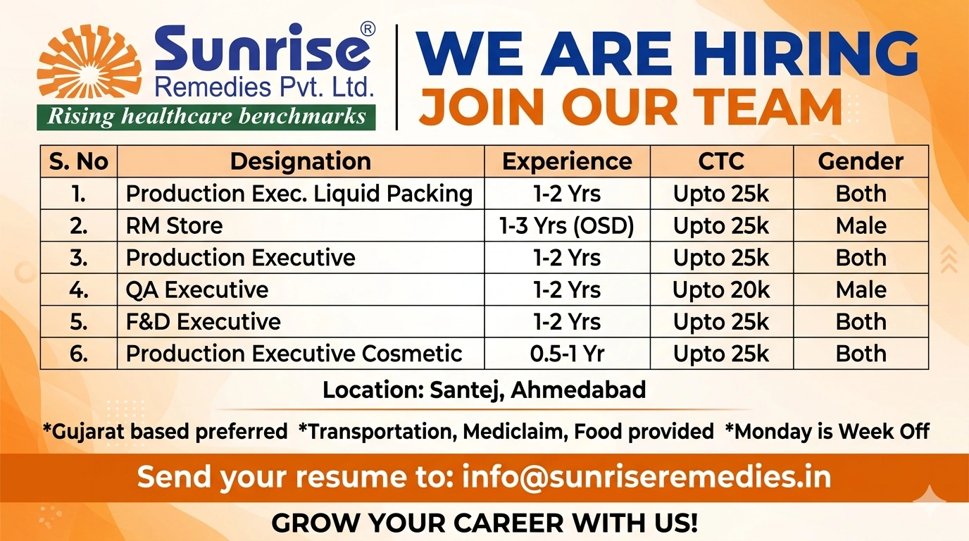 Sunrise Remedies Hiring – Pharma Jobs for Production, QA & F&D Executives in Ahmedabad