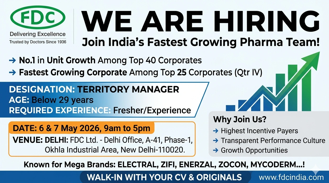 FDC Ltd Hiring Territory Managers | Walk-in Interview May | Pharma Jobs in India on 6th & 7th May 2026