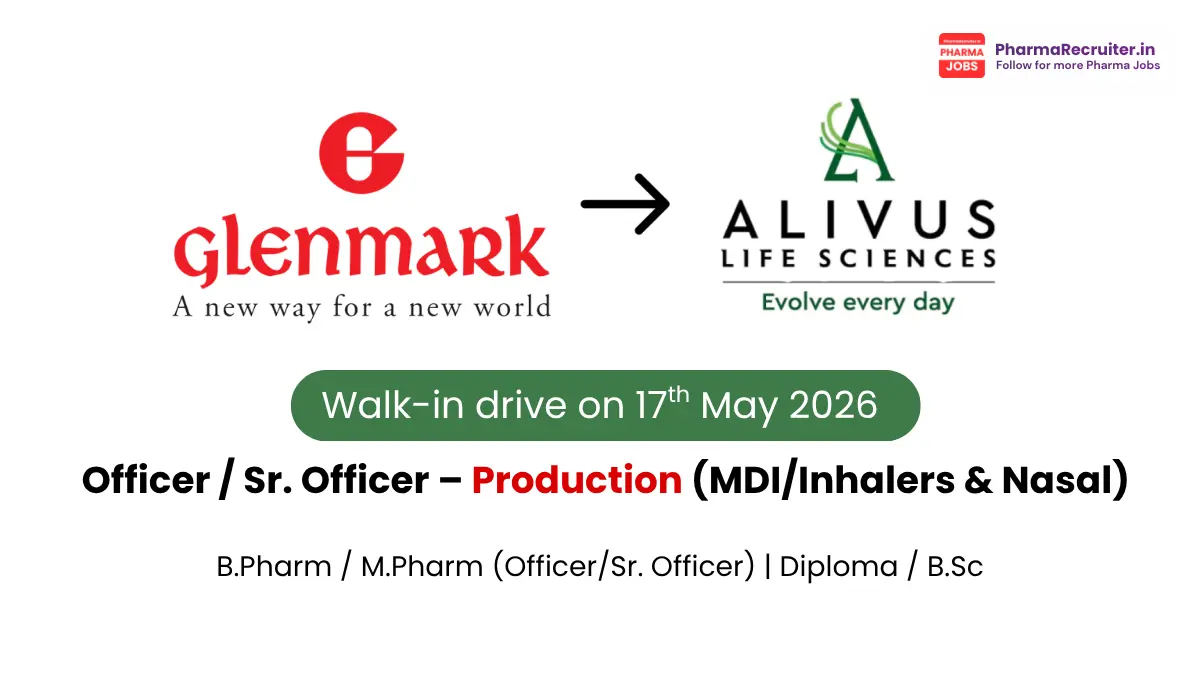Glenmark Pharmaceuticals Hiring for Sr. Officer – Production