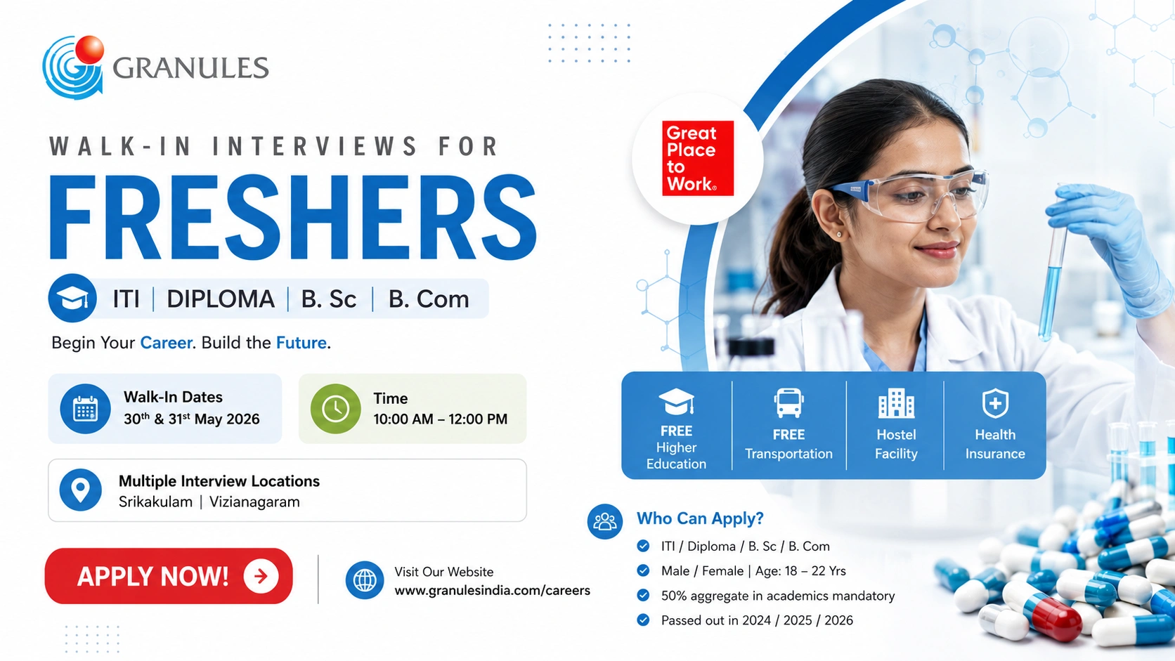Granules India Walk-In Interview for Freshers | Pharma Jobs in Hyderabad on 30 - 31 May 2026