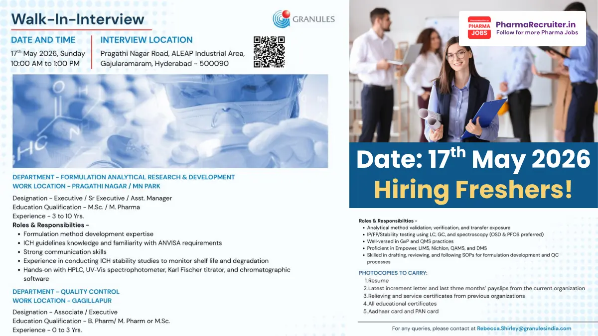 Granules India Walk-in Interview for AR&D and Quality Control Jobs