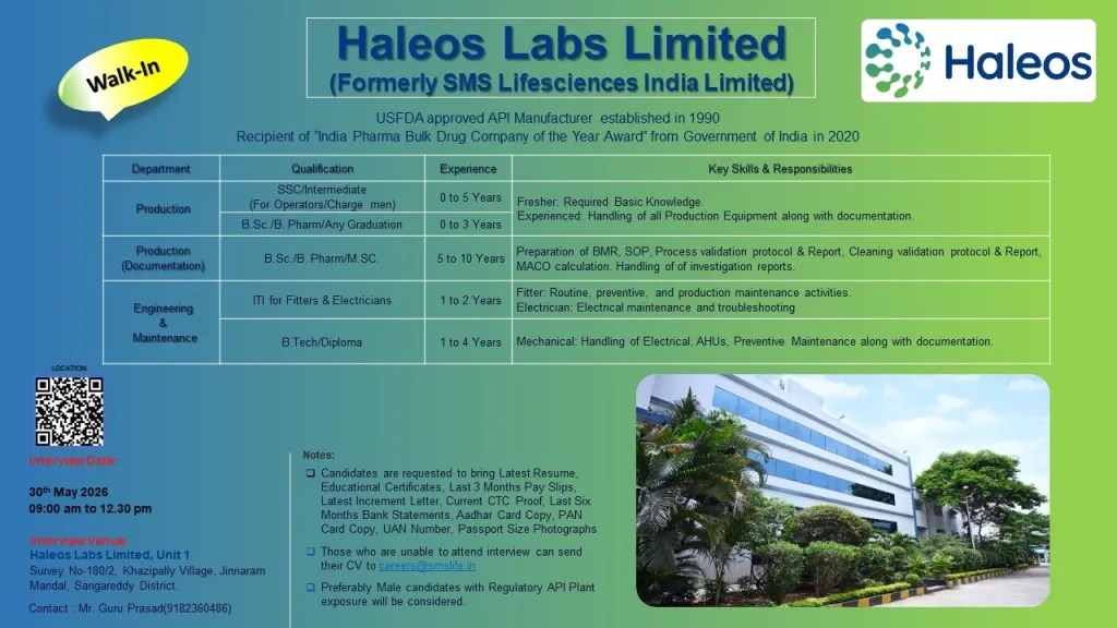 Haleos Labs Limited Walk-In Interview for Production, Documentation, and Engineering Roles on 30th May 2026
