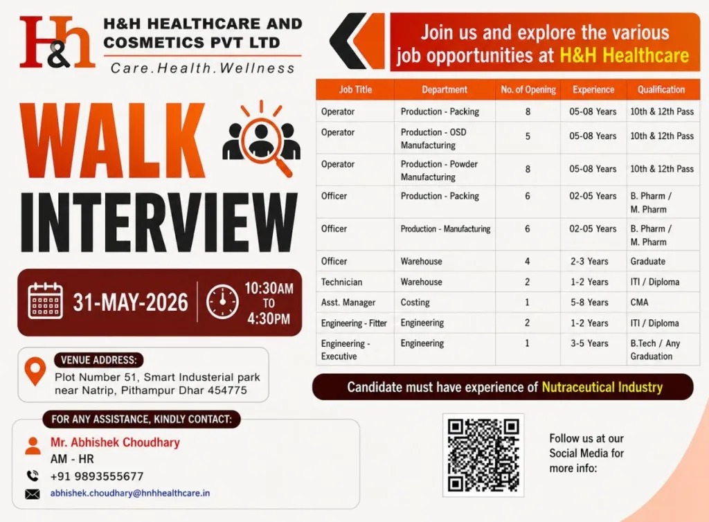 H&H Healthcare and Cosmetics Pvt Ltd Walk-In Interview for Production, Warehouse & Engineering Roles on 31 May 2026