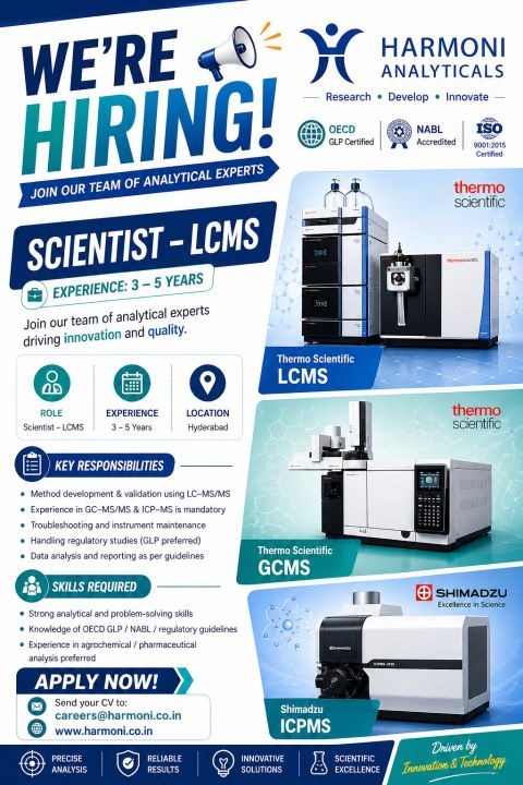Scientist – LCMS Jobs at Harmoni Analytics | Pharma Jobs in Hyderabad