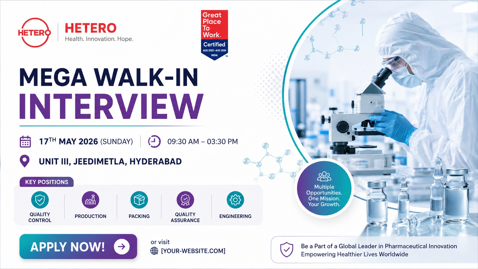 Hetero Mega Walk-In Interview for QA, QC, Production, Packing & Engineering Roles in Hyderabad on 17th May 2026 (Sunday)