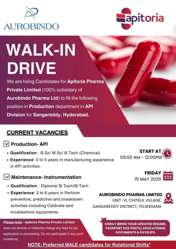 API Production & Instrumentation Jobs at Aurobindo Pharma Limited – Walk-In Drive in Hyderabad on 15 May 2026 (Friday)