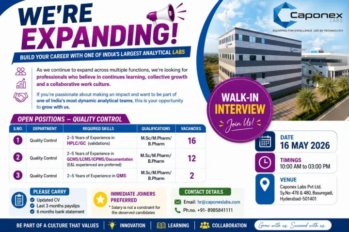 Caponex Labs Walk-In Interview for Quality Control Professionals in Hyderabad on 16 May 2026
