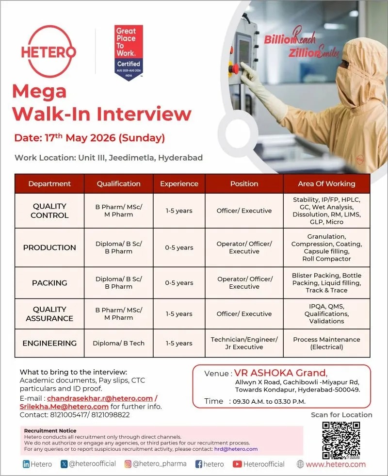 Hetero Mega Walk-In Interview for QA, QC, Production, Packing & Engineering Roles in Hyderabad on 17th May 2026 (Sunday)