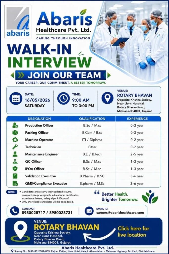 Abaris Healthcare Walk-In Interview for Production, QC, QA & Engineering Roles in Gujarat on 16 May 2026 (Saturday)
