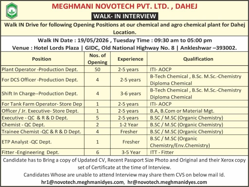 Meghmani Novotech Walk-In Interview for Production, QC, R&D, Engineering & Store Departments on 19 May 2026 (Tuesday)