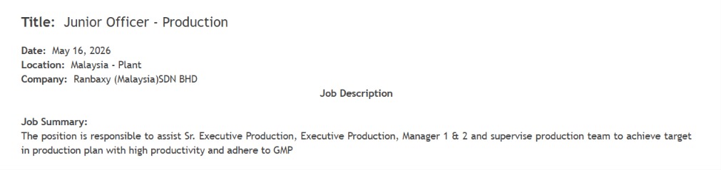 Junior Officer – Production at Ranbaxy (Malaysia) SDN BHD | Pharma Production Jobs 