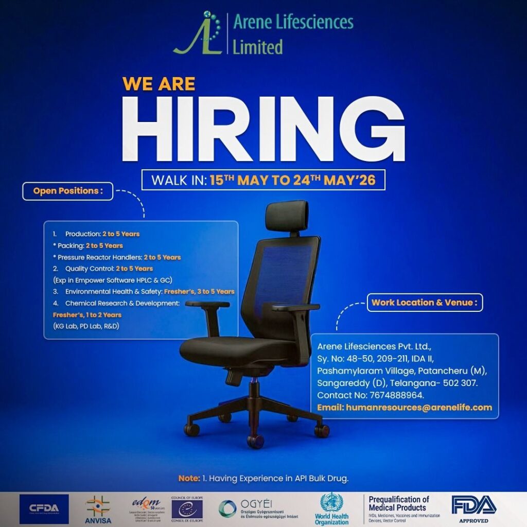 Arene Lifesciences Walk-In Interview for Production, QC, EHS & R&D Roles in Telangana on 15th May to 24th May 2026