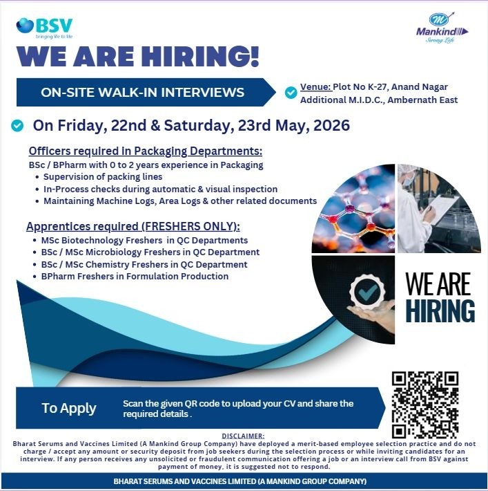 Bharat Serums and Vaccines Limited Walk-In Interview for Packaging, QC & Production Freshers on Friday, 22nd May 2026 & Saturday, 23rd May 2026
