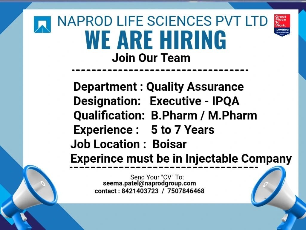 Executive – IPQA Job Opening at Naprod Life Sciences Pvt Ltd | QA Pharma Jobs in Boisar