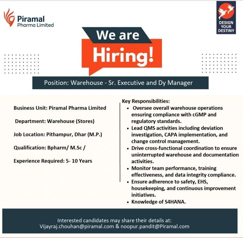 Warehouse Sr. Executive & Dy Manager Jobs at Piramal Pharma Limited – Pithampur, Dhar (M.P.)