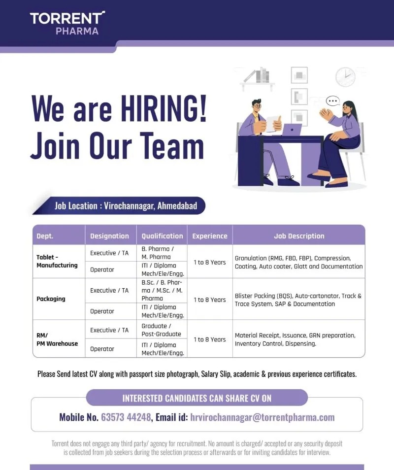 Torrent Pharma Hiring – Production, Packaging & Warehouse Jobs in Ahmedabad