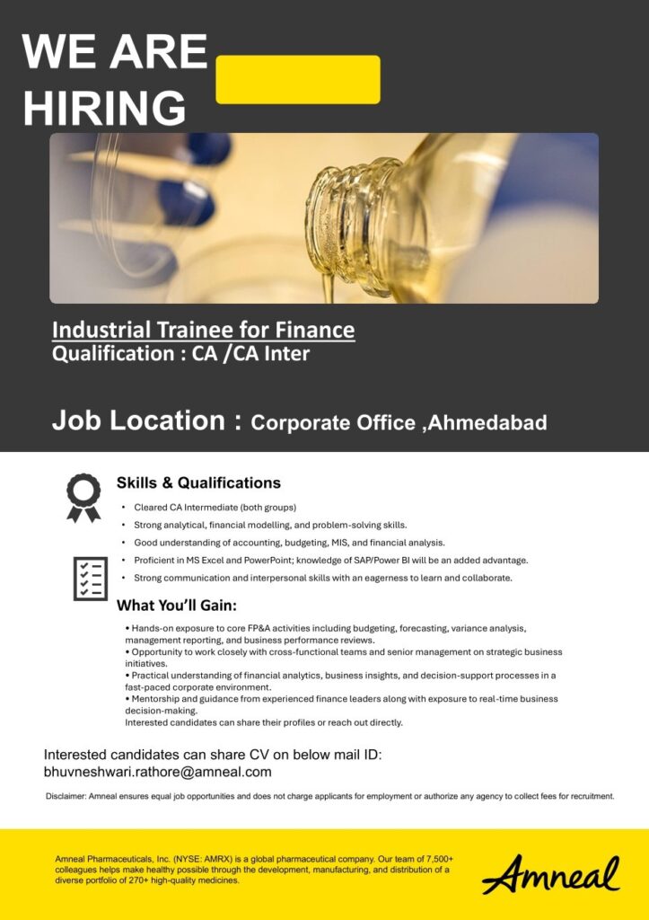 Amneal Pharmaceuticals Hiring Industrial Trainee for Finance in Ahmedabad | Apply Now