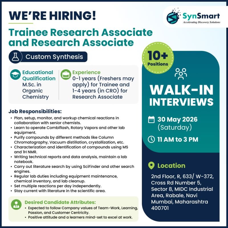 SynSmart Hiring: Walk-In Interview for Trainee Research Associate & Research Associate – Custom Synthesis on 30 May 2026 (Saturday)