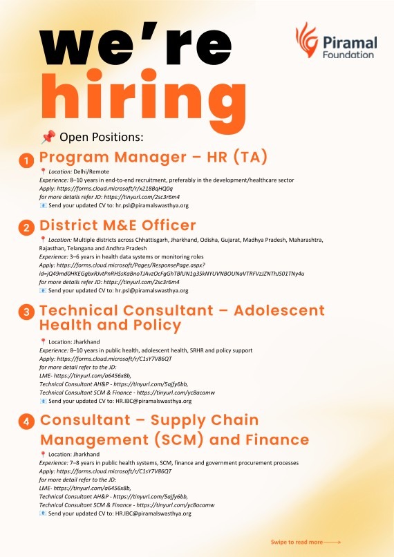 Piramal Swasthya Hiring: Apply for Program Manager, District M&E Officer, and Technical Consultant Roles
