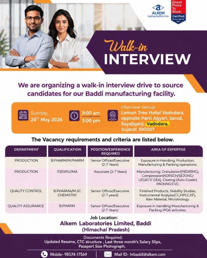 Alkem Laboratories Walk-in Interview for Production, QA & QC Jobs in Baddi on Sunday, 24th May 2026