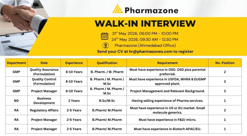 Pharmazone Walk-In Interview for QA, QC, Regulatory Affairs & Project Manager Roles on 21st May 2026