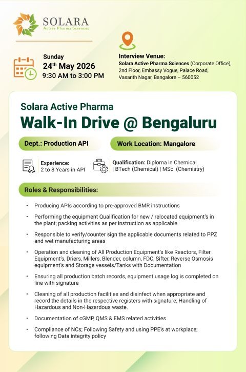 Solara Active Pharma Sciences Walk-In Interview for Production API Roles in Mangalore on Sunday, 24th May 2026