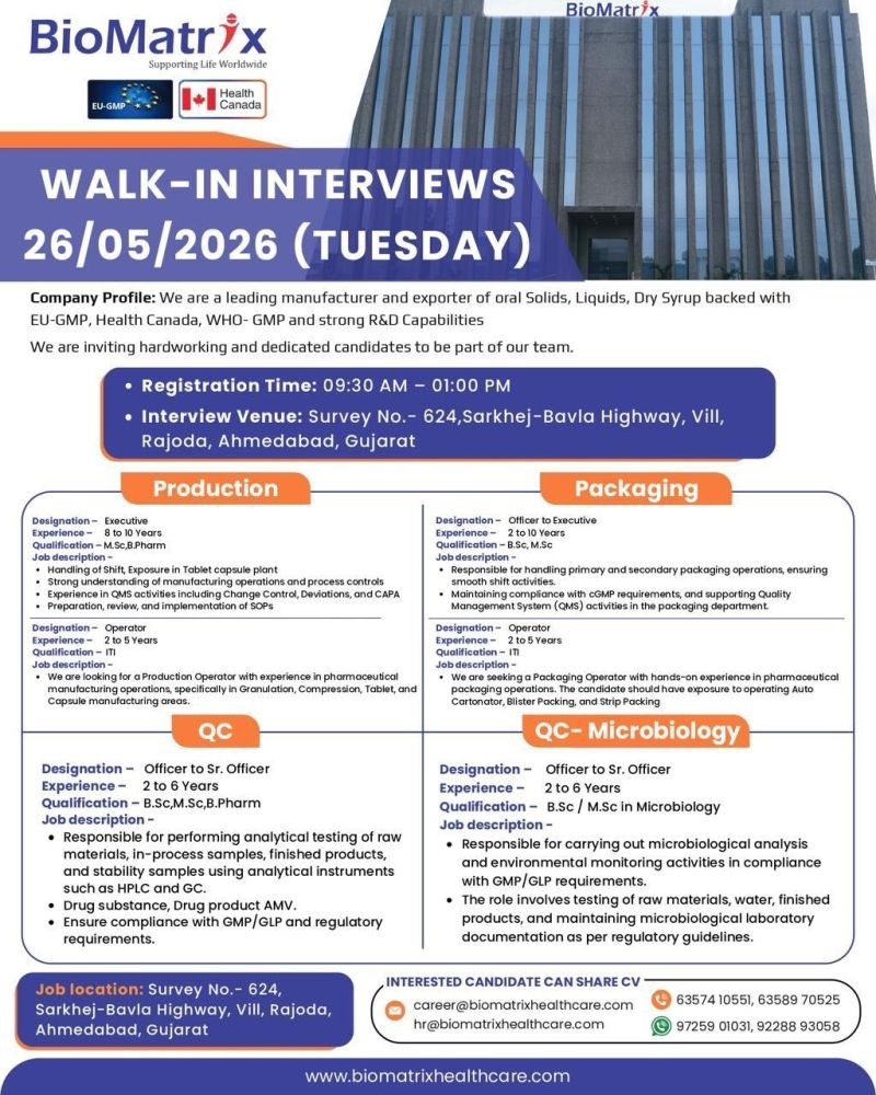 BioMatrix Walk-In Interview for Production, QC, Packaging & Microbiology Roles in Ahmedabad on 26 May 2026 (Tuesday)
