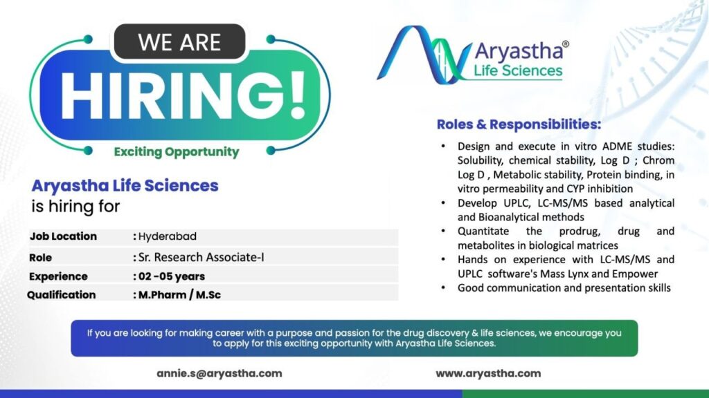 Sr. Research Associate-I Jobs at Aryastha Life Sciences – Pharma Careers in Hyderabad
