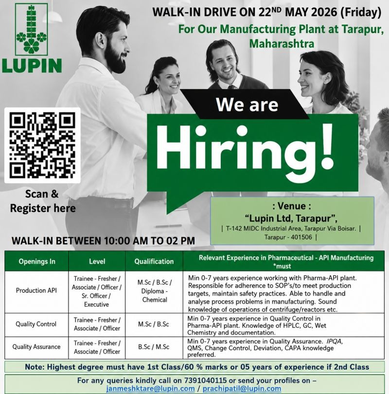 LUPIN Walk-In Drive for Production, QA & QC Jobs at Tarapur Manufacturing Plant on 22nd May 2026 (Friday)