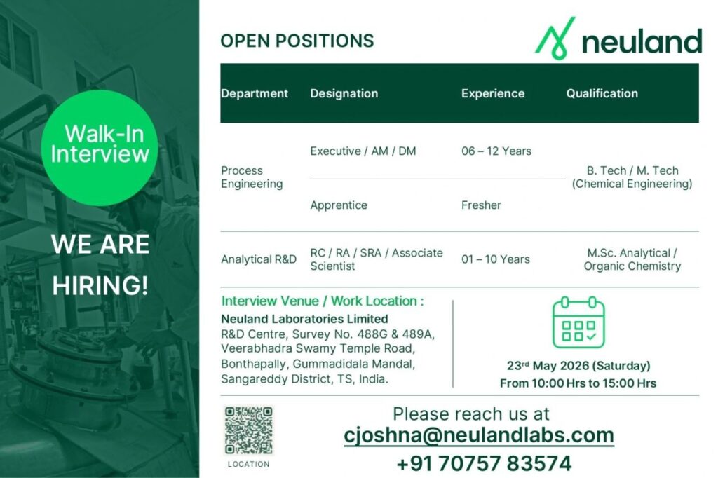 Neuland Laboratories Walk-In Interview for Process Engineering and Analytical R&D Roles on 23rd May 2026 (Saturday)