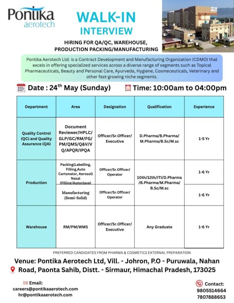 Pontika Aerotech Walk-In Interview for QA, QC, Production & Warehouse Roles on 24th May 2026 (Sunday)