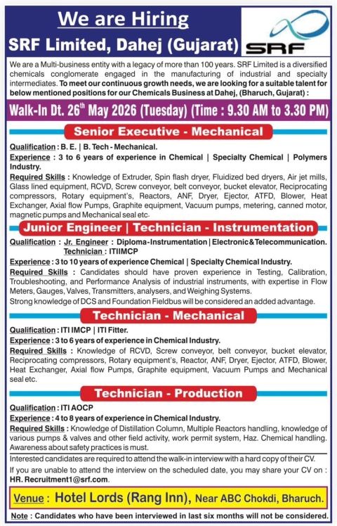 SRF Limited Dahej Walk-In Interview for Mechanical, Instrumentation & Production Roles on 26th May 2026 (Tuesday)