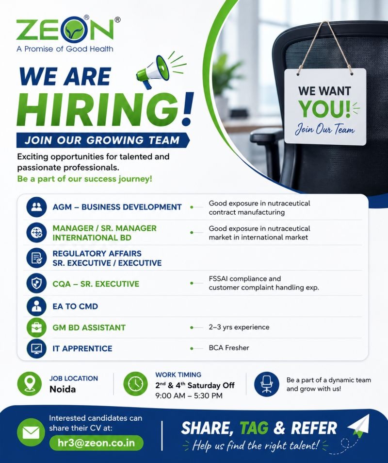 ZEON Hiring 2026: Apply for Business Development, Regulatory Affairs, QA & IT Jobs in Noida
