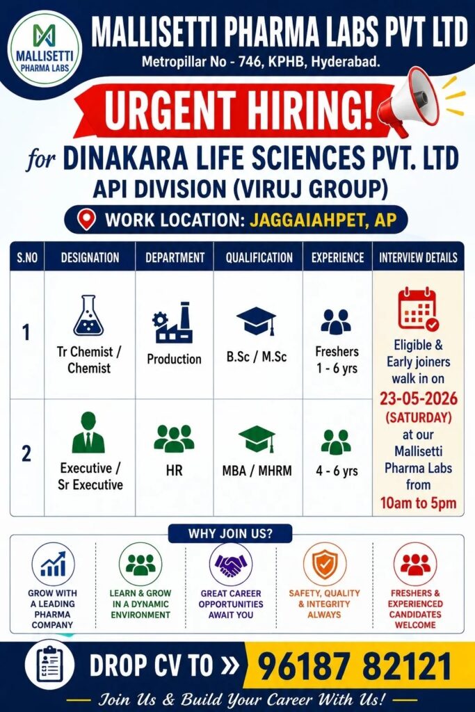 Mallisetti Pharma Labs Walk-In Interview for Production and HR Roles in Andhra Pradesh on 23 May 2026 (Saturday)